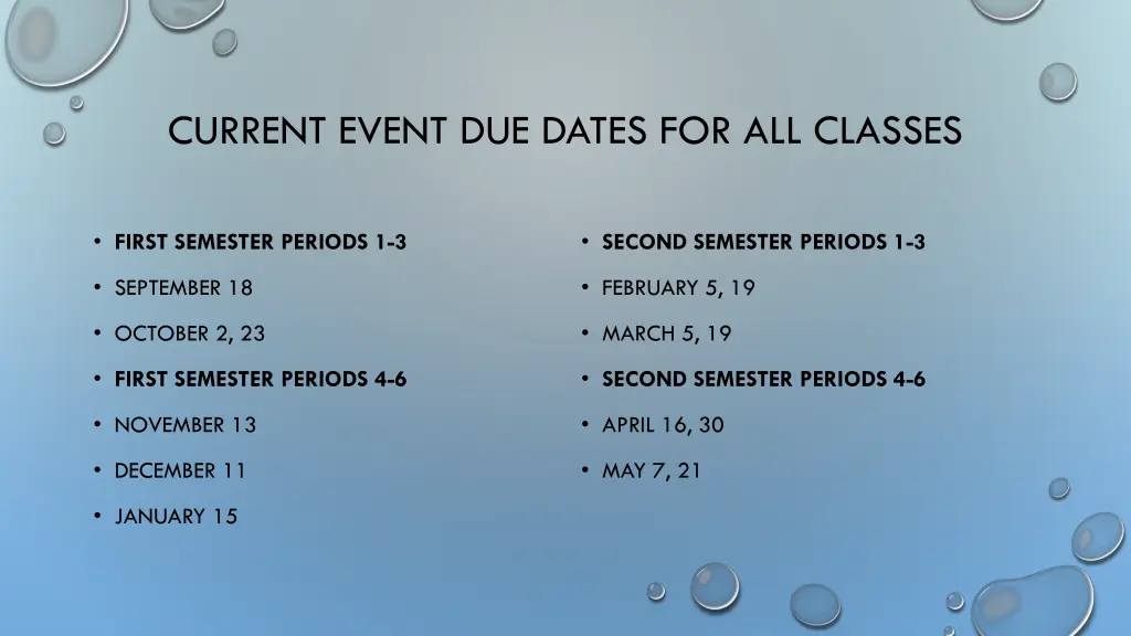 current event due dates for all classes