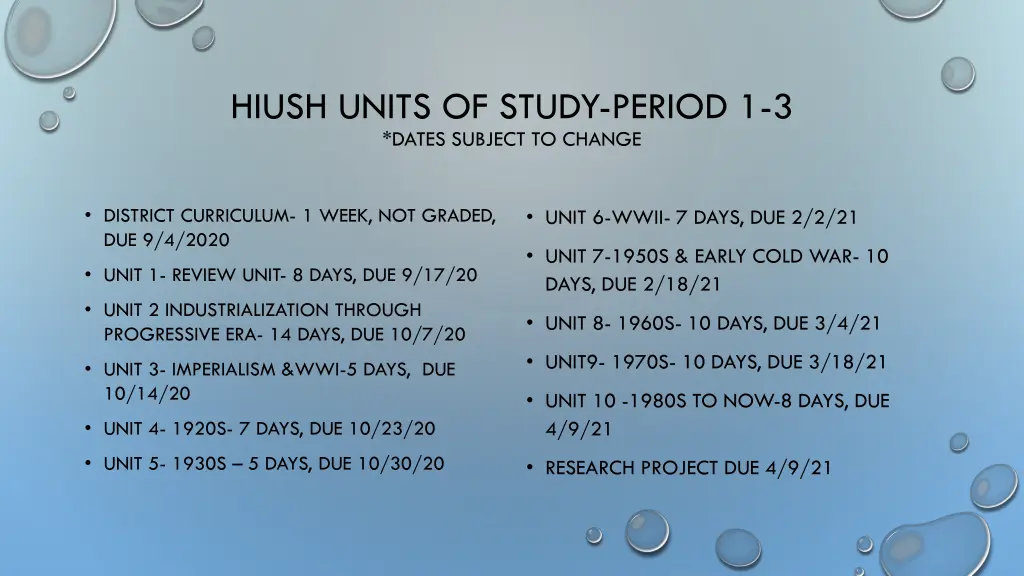 hiush units of study period 1 3 dates subject