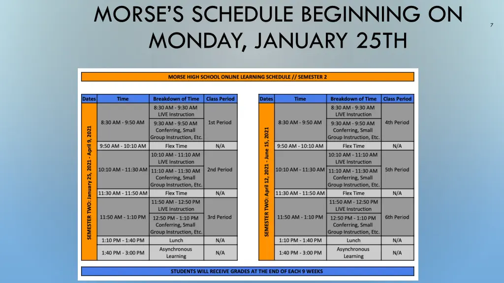 morse s schedule beginning on monday january 25th