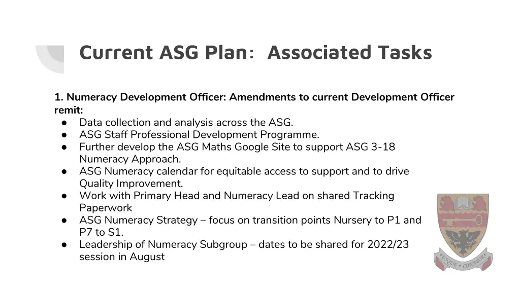 current asg plan associated tasks