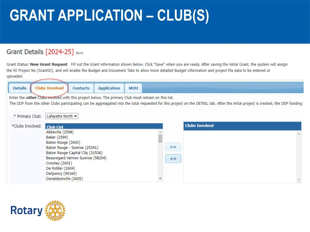 grant application club s