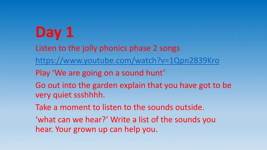 day 1 listen to the jolly phonics phase 2 songs