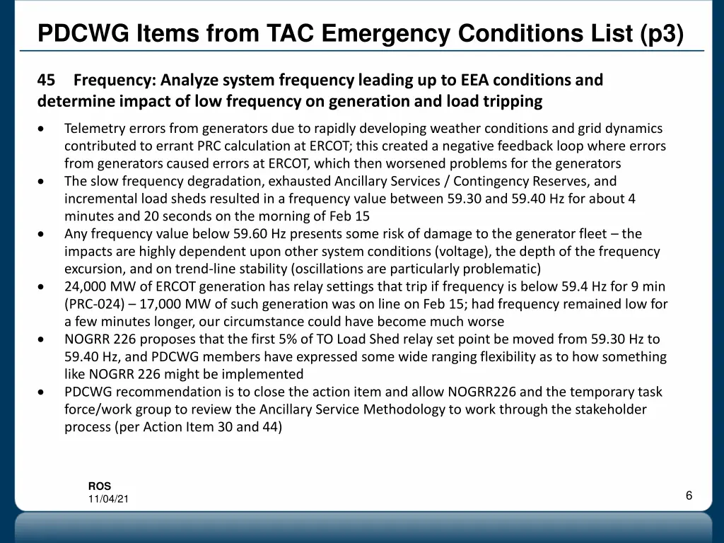 pdcwg items from tac emergency conditions list p3