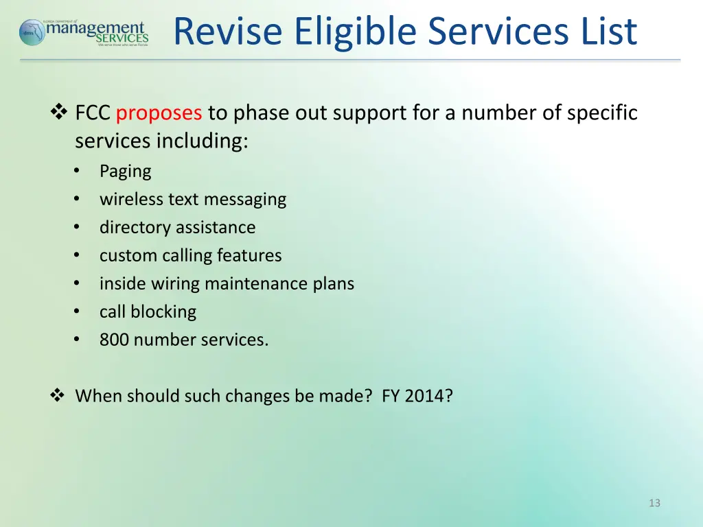 revise eligible services list