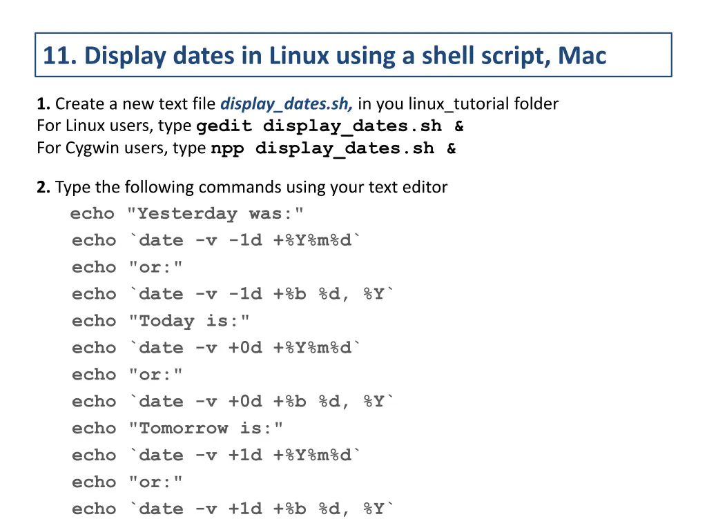 11 display dates in linux using a shell script mac