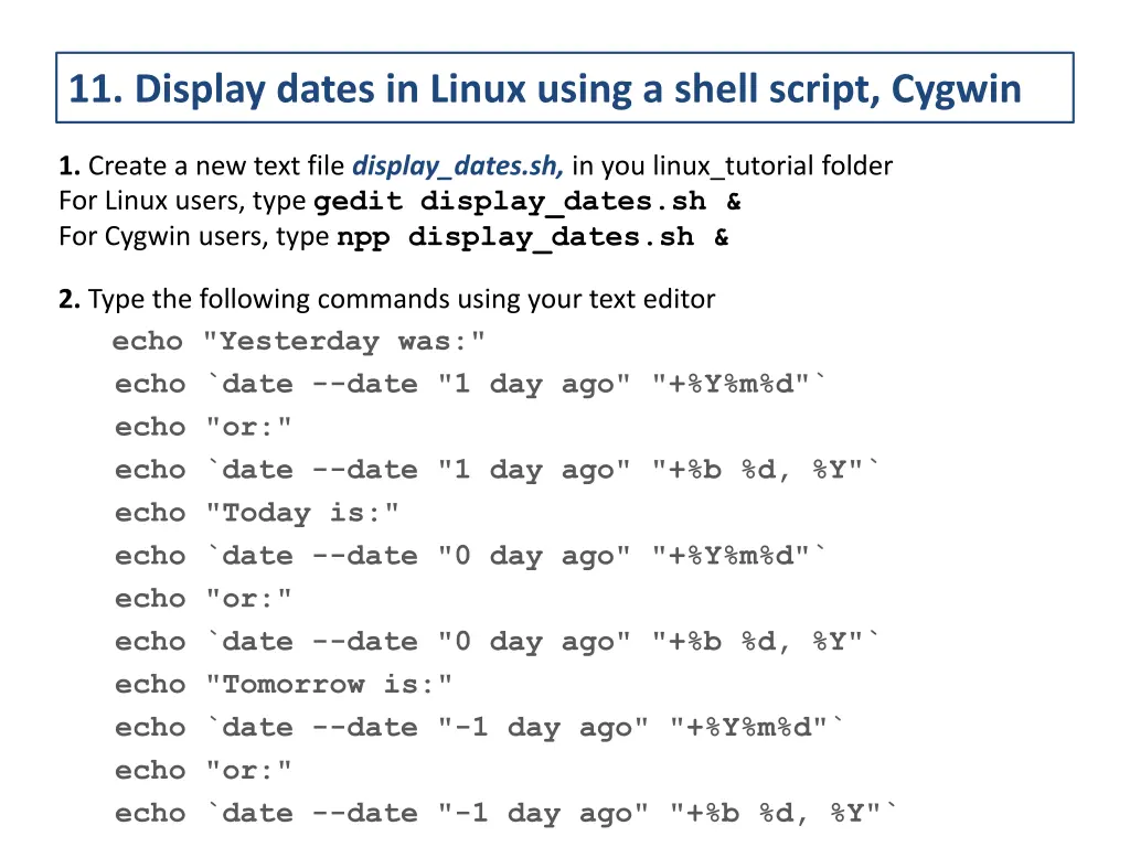 11 display dates in linux using a shell script