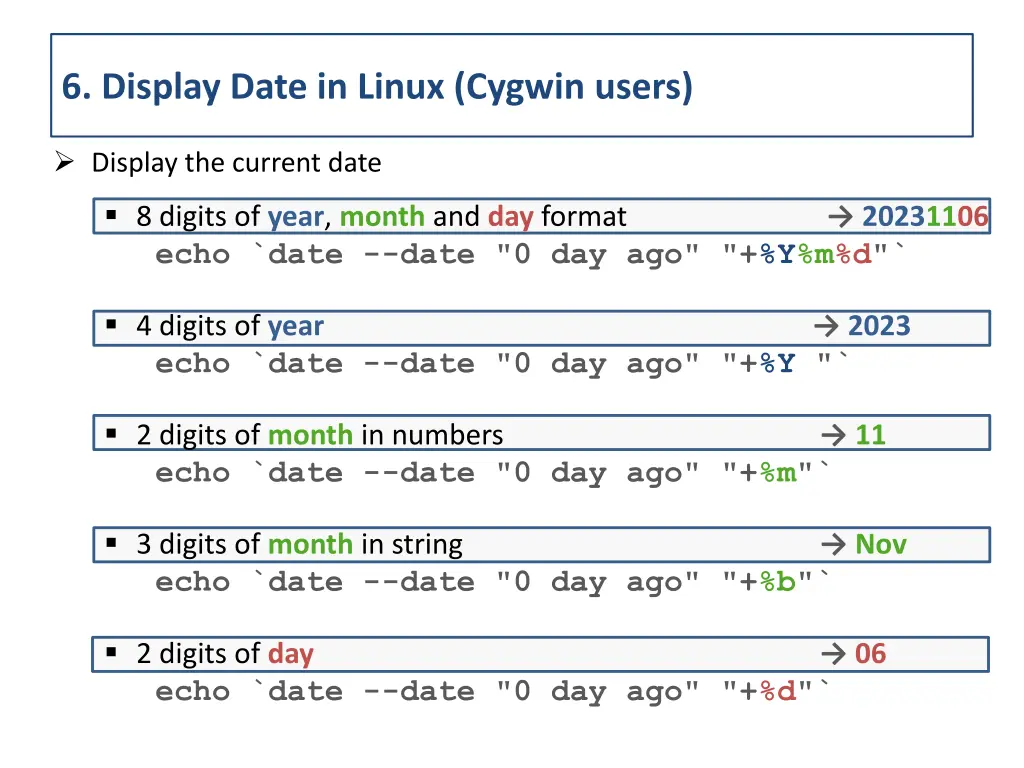 6 display date in linux cygwin users