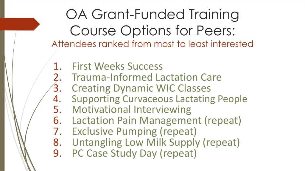 oa grant funded training course options for peers