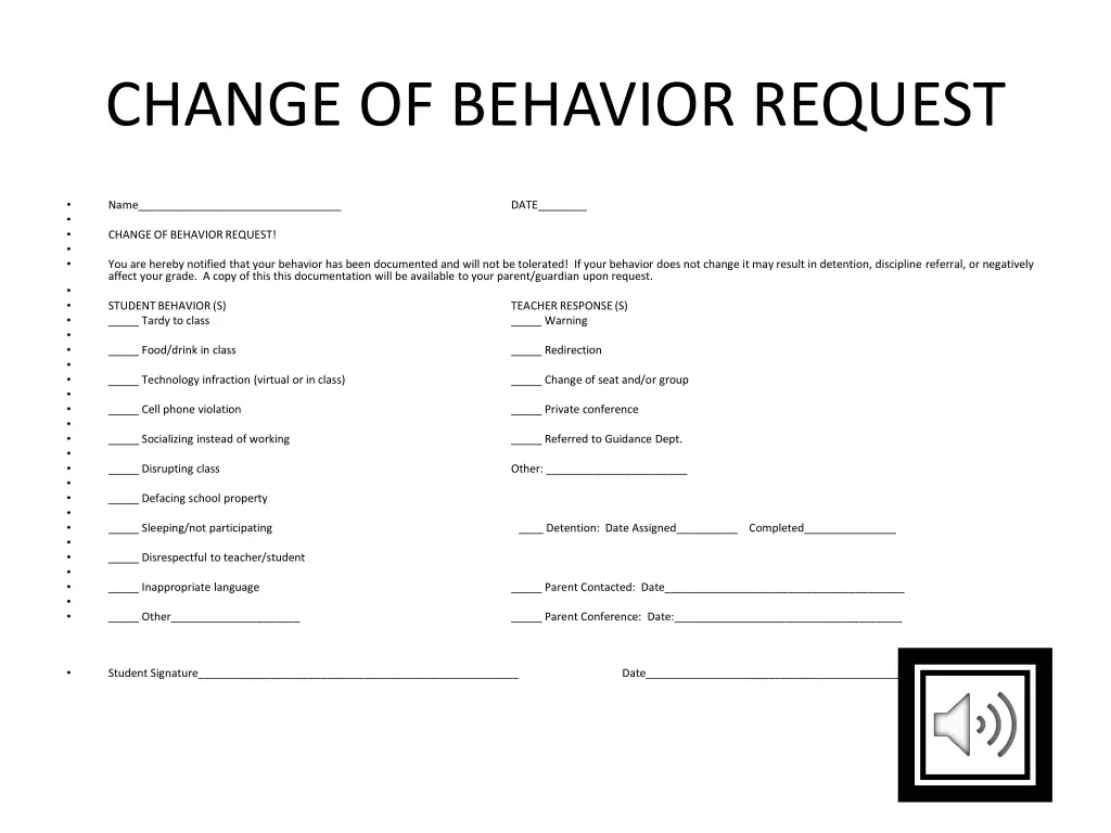 change of behavior request