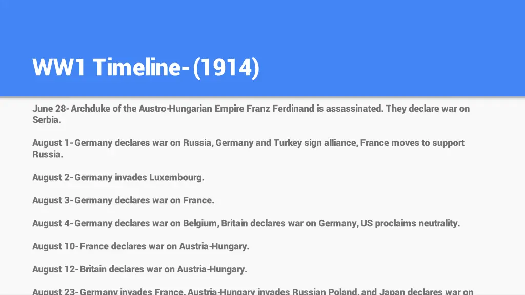 ww1 timeline 1914