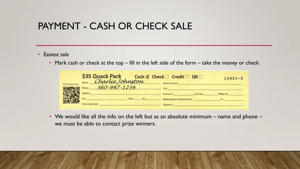 payment cash or check sale