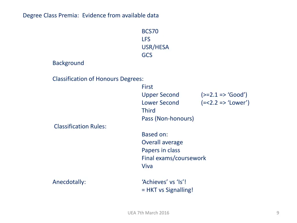 degree class premia evidence from available data