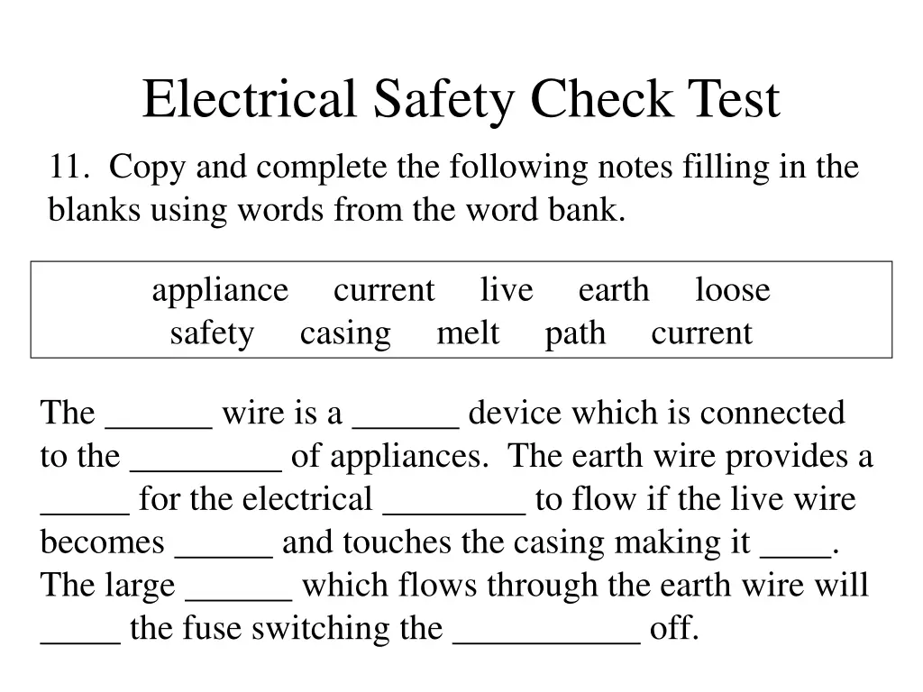electrical safety check test 11 copy and complete