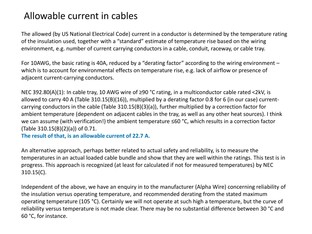 allowable current in cables