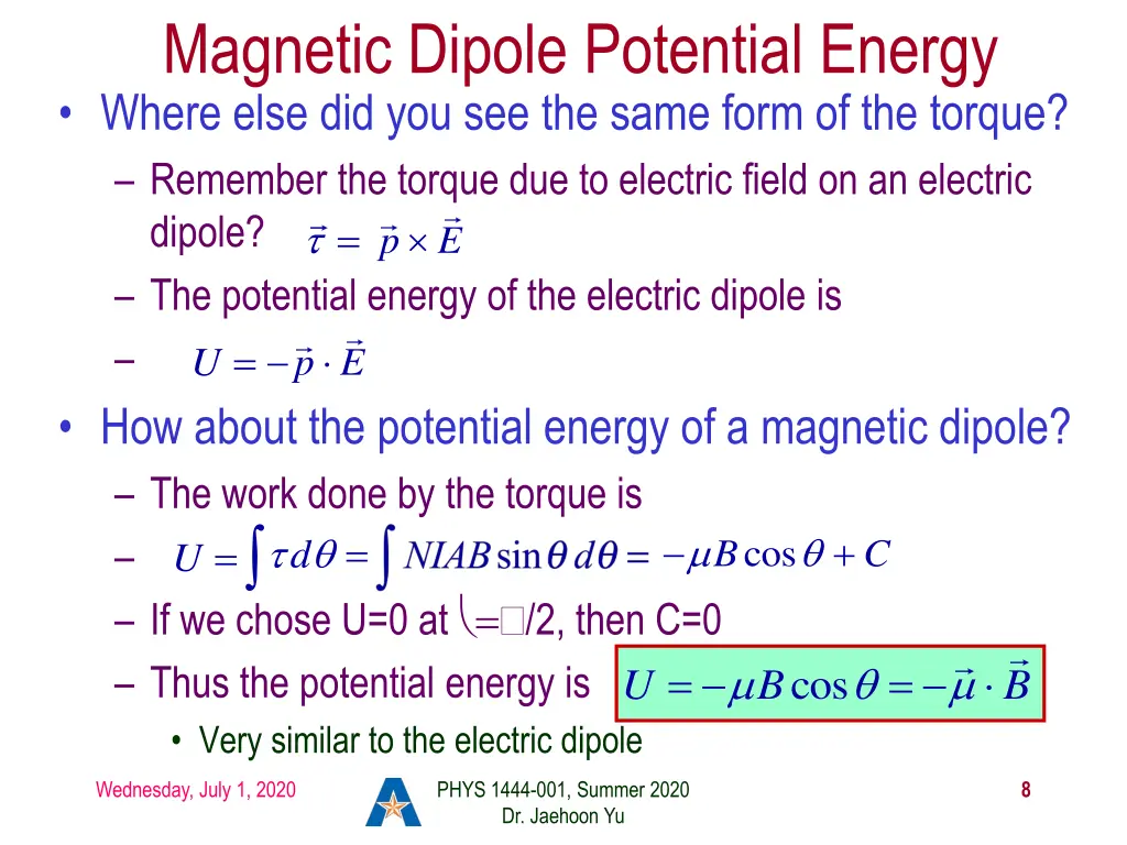 magnetic dipole potential energy where else