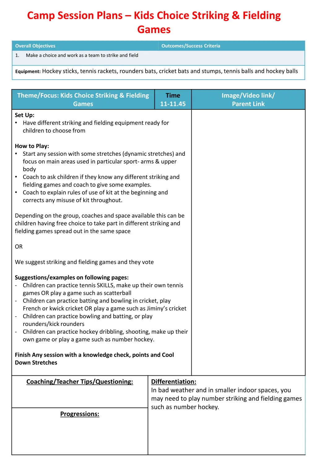 camp session plans kids choice striking fielding