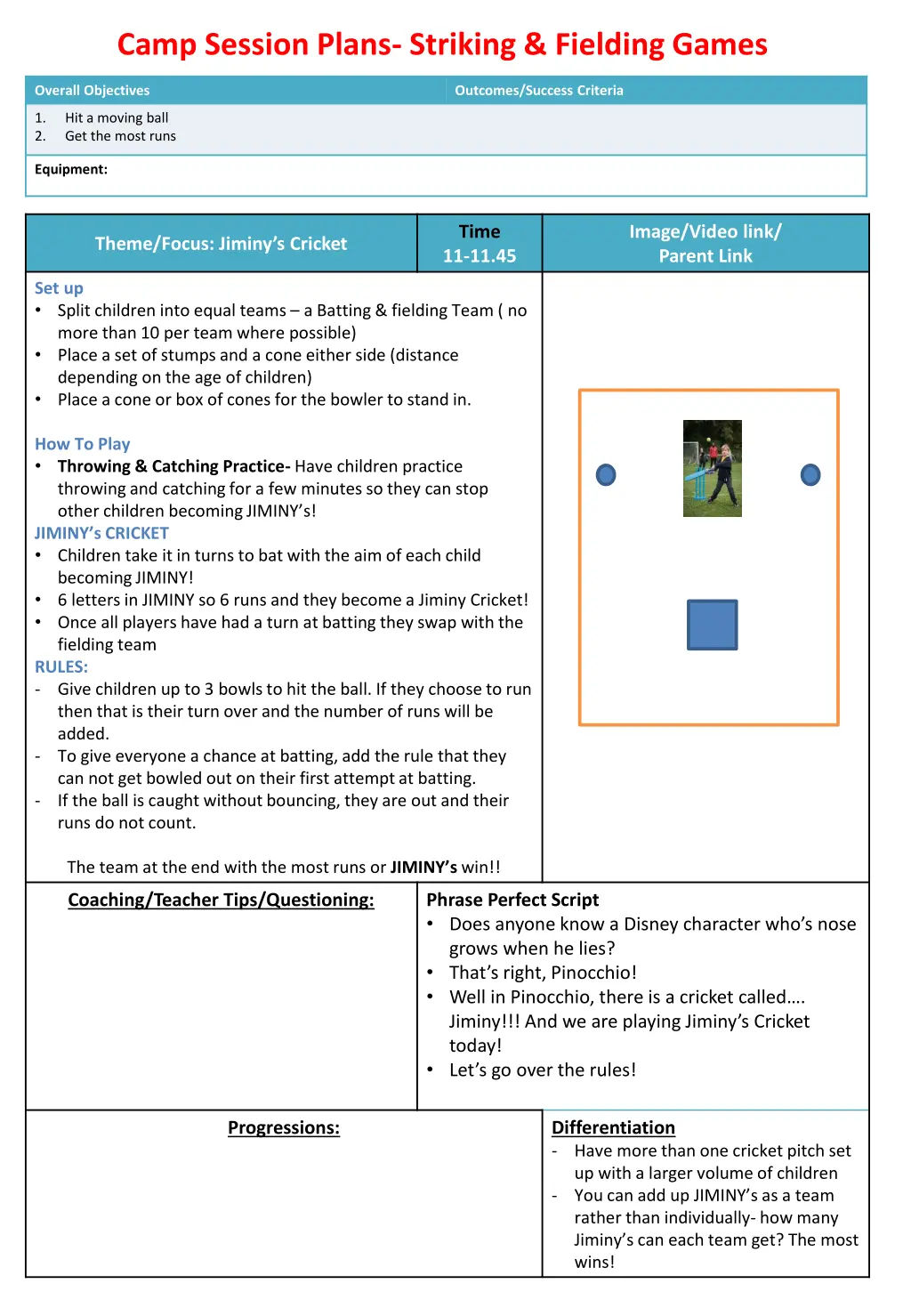 camp session plans striking fielding games 1