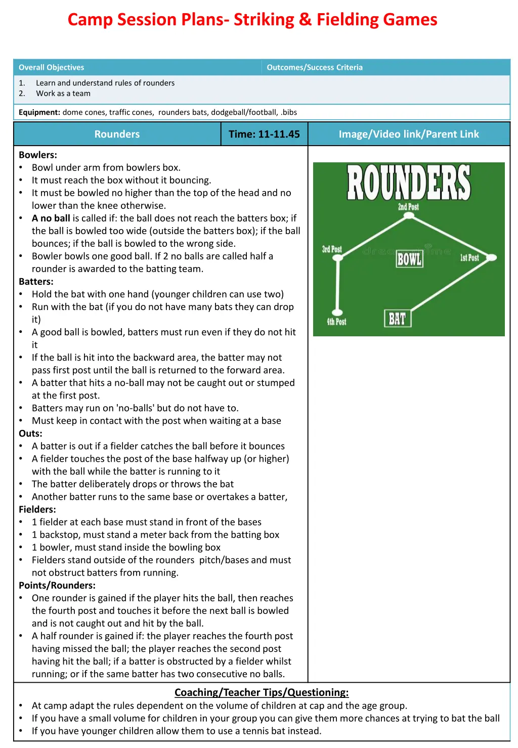 camp session plans striking fielding games 2