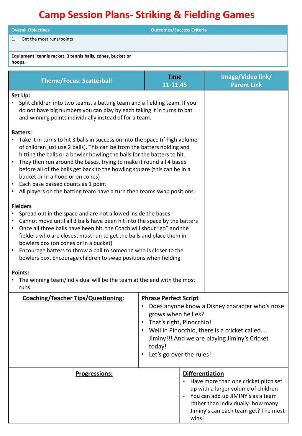camp session plans striking fielding games