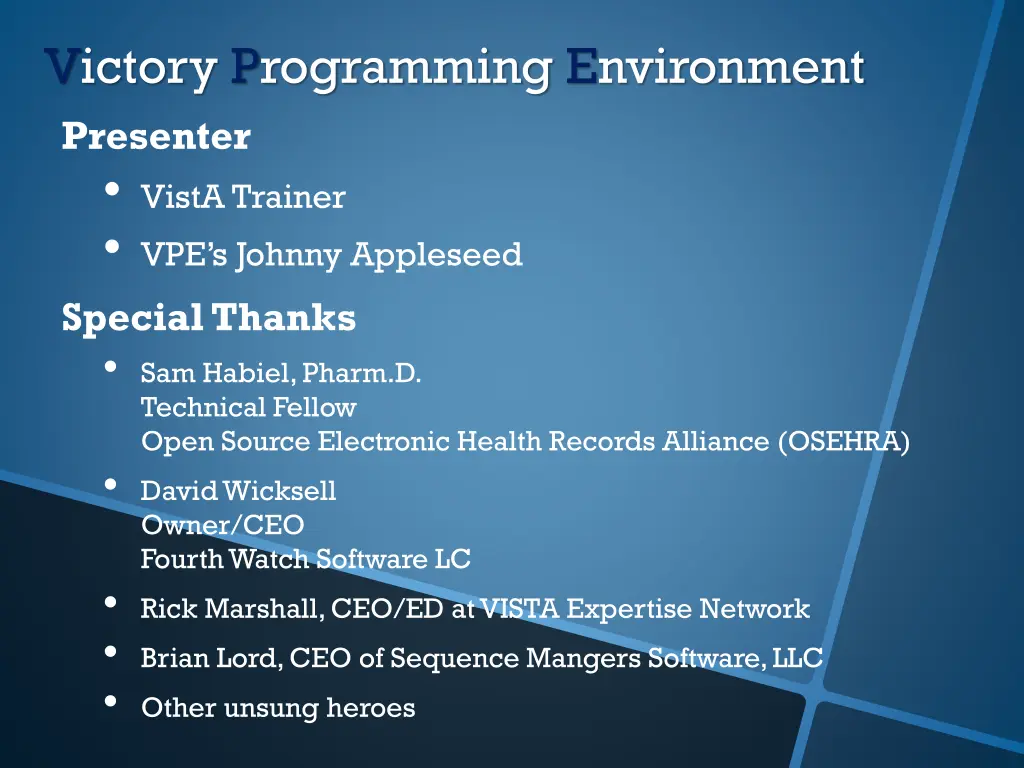 victory programming environment presenter vista
