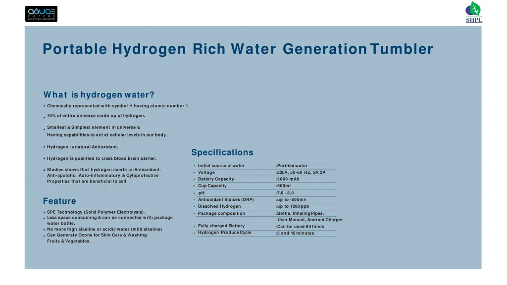 portable hydrogen rich water generation tumbler