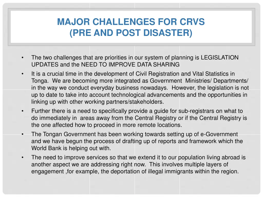 major challenges for crvs pre and post disaster