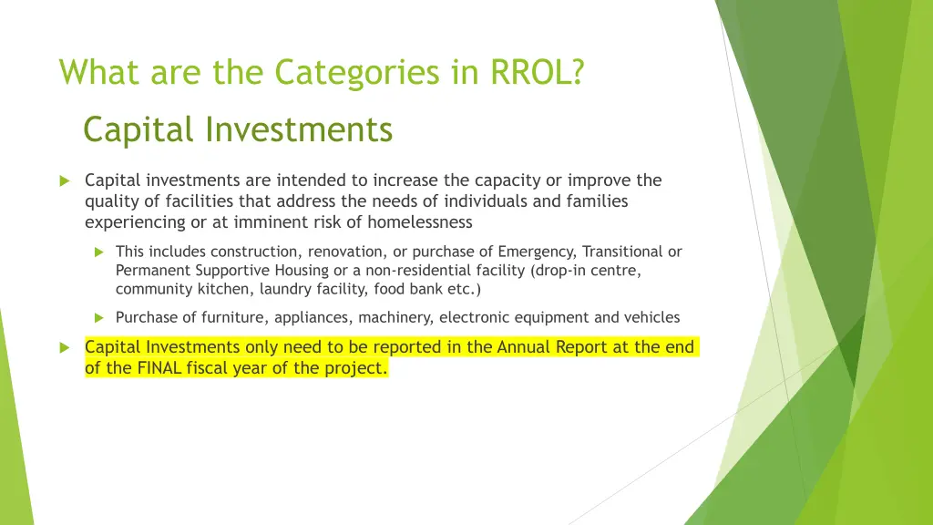 what are the categories in rrol capital