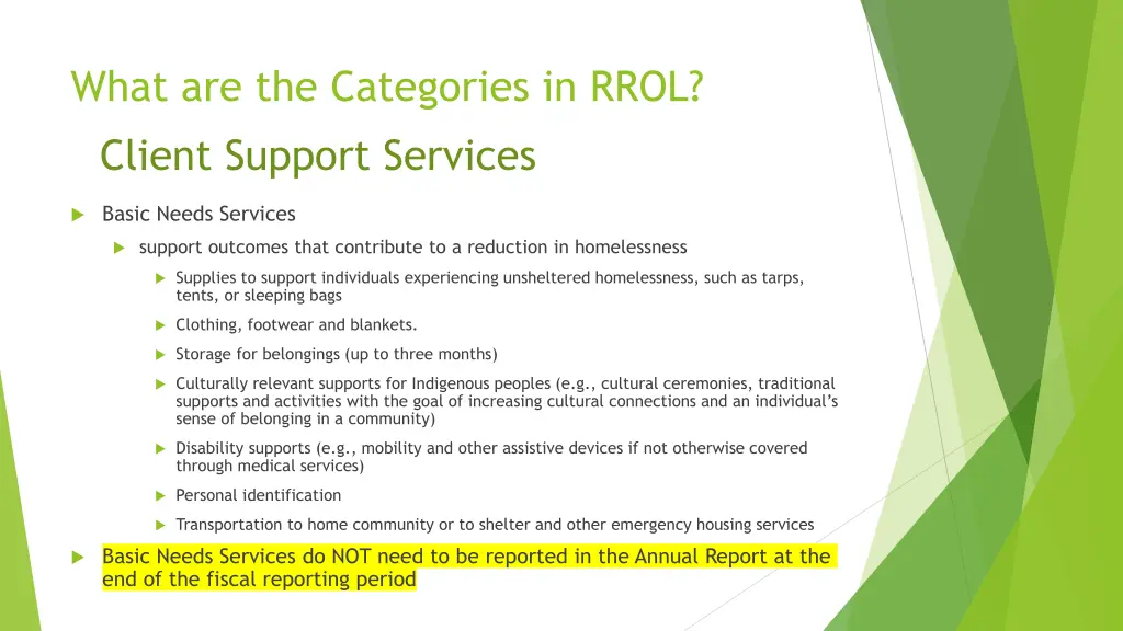 what are the categories in rrol client support 4