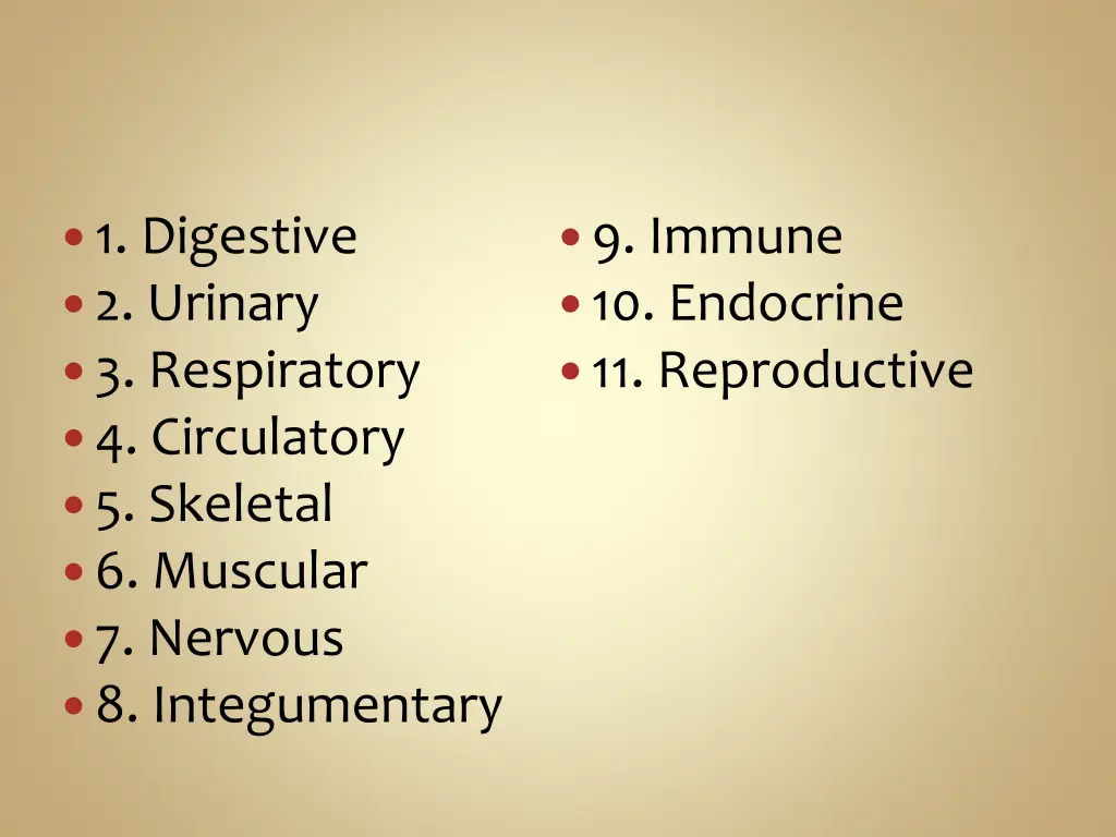 1 digestive 2 urinary 3 respiratory 4 circulatory