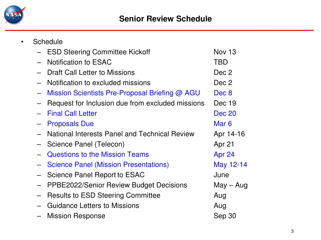 senior review schedule