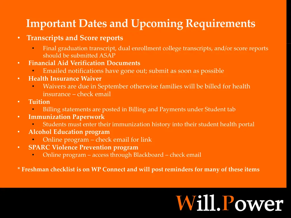 important dates and upcoming requirements