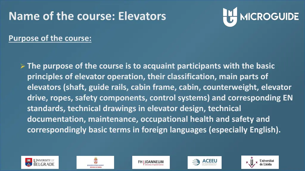 name of the course elevators