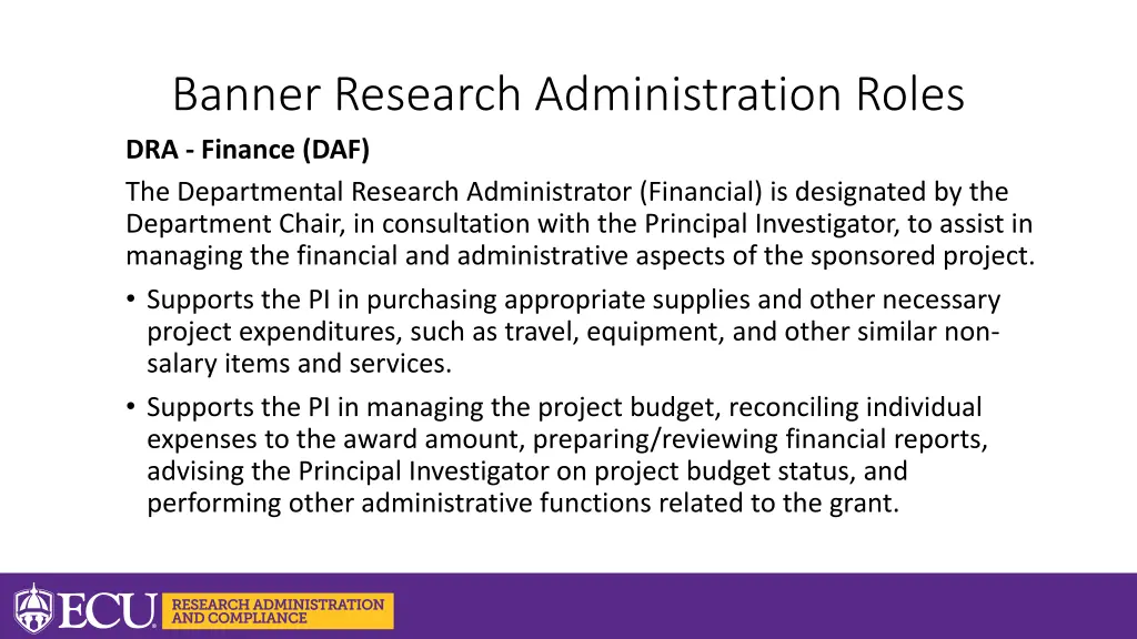 banner research administration roles dra finance
