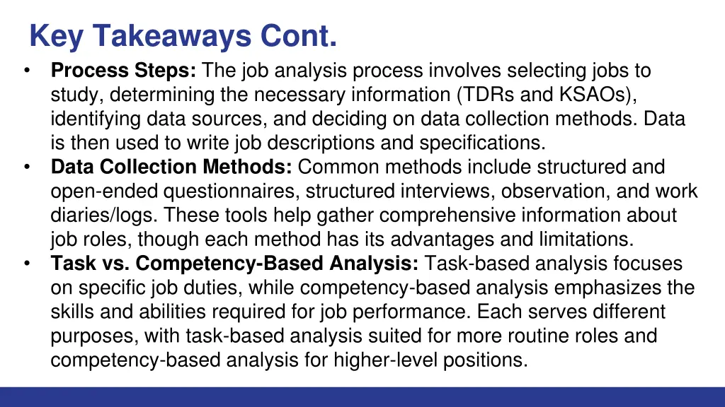key takeaways cont process steps the job analysis