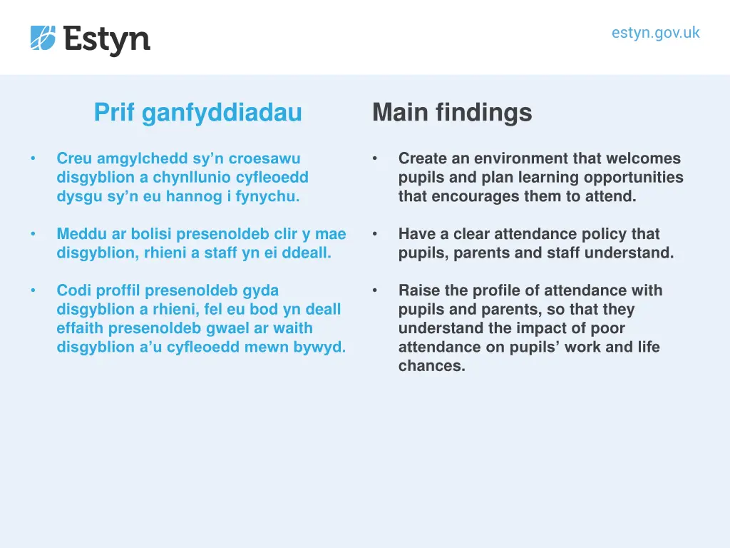 prif ganfyddiadau 1