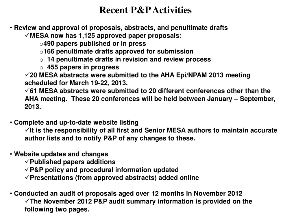 recent p p activities