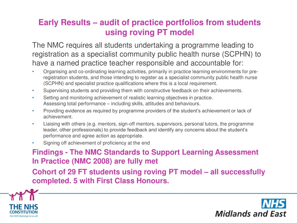 early results audit of practice portfolios from
