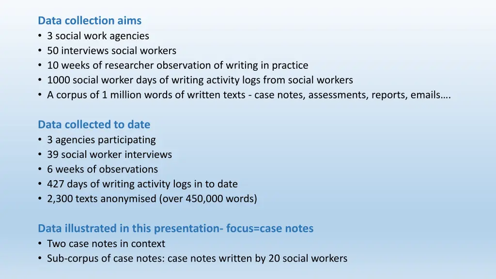 data collection aims 3 social work agencies