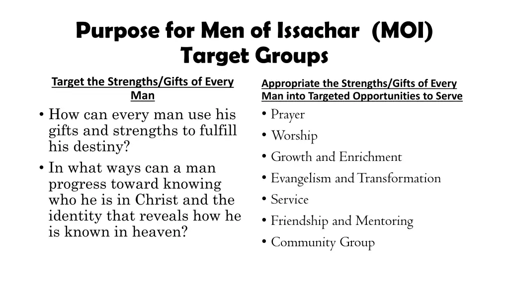 purpose for men of issachar moi target groups