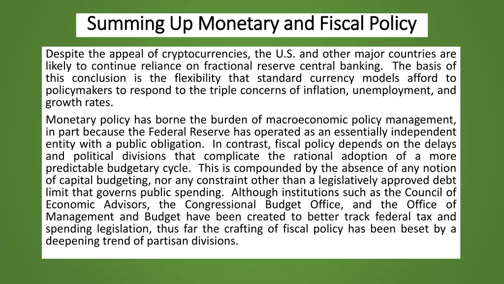 summing up monetary and fiscal policy summing