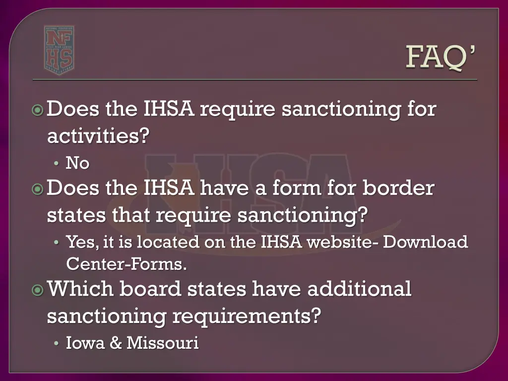 does the ihsa require sanctioning for activities