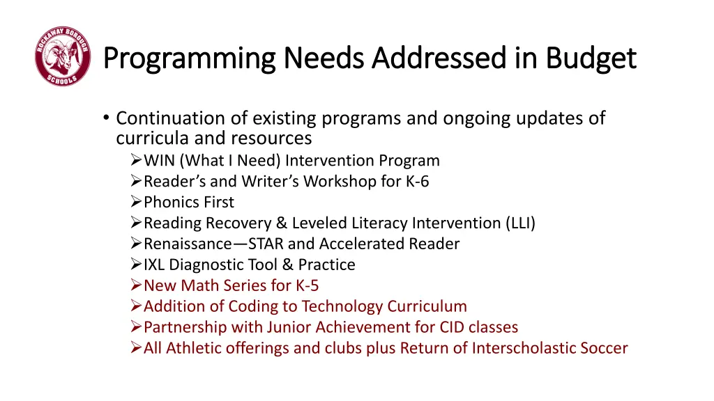 programming needs addressed in budget programming