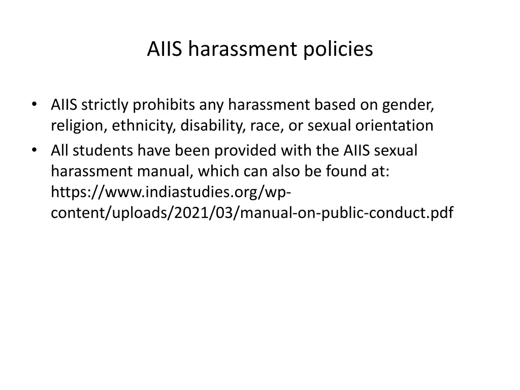 aiis harassment policies