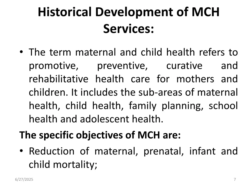 historical development of mch services