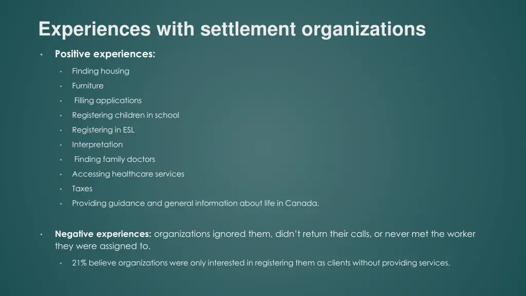 experiences with settlement organizations