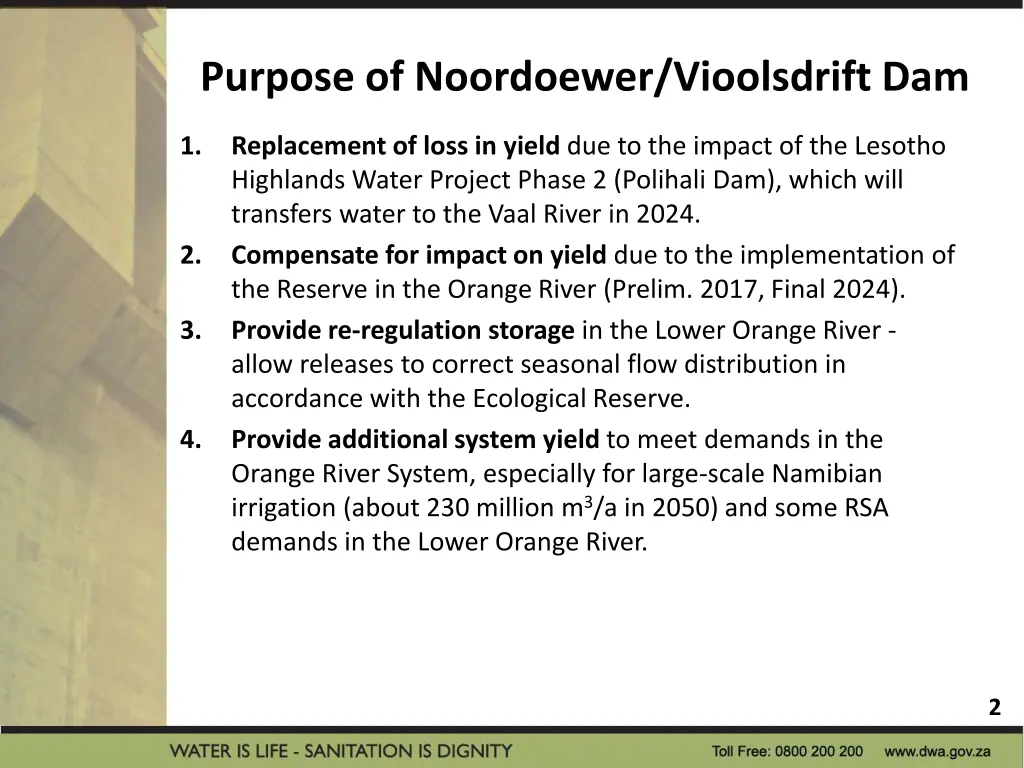 purpose of noordoewer vioolsdrift dam