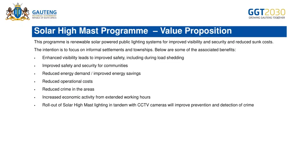 solar high mast programme value proposition