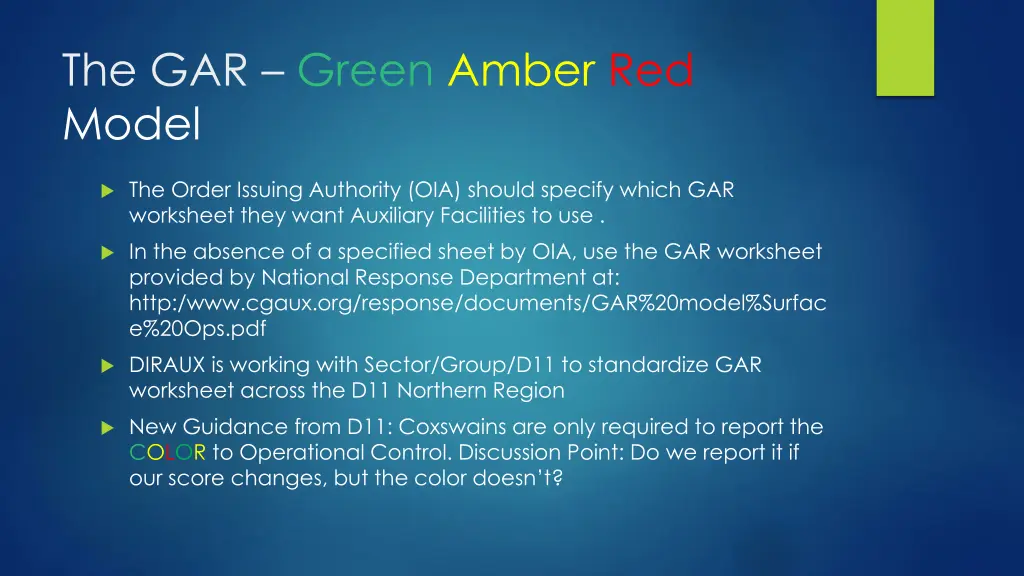 the gar green amber red model