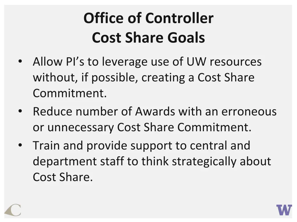 office of controller cost share goals