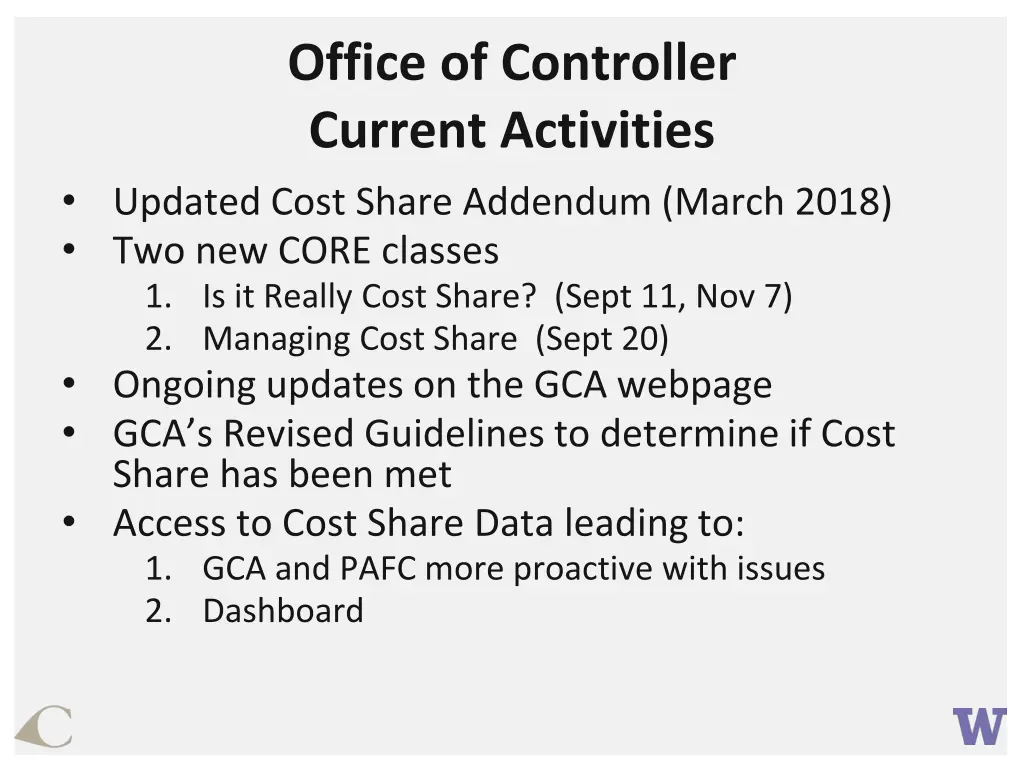 office of controller current activities
